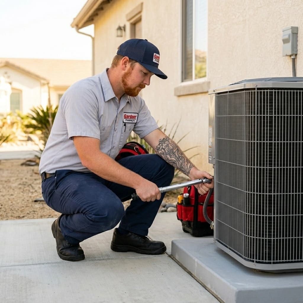 Gardner HVAC technician installing a new AC condenser unit at a Murrieta Inland Empire home