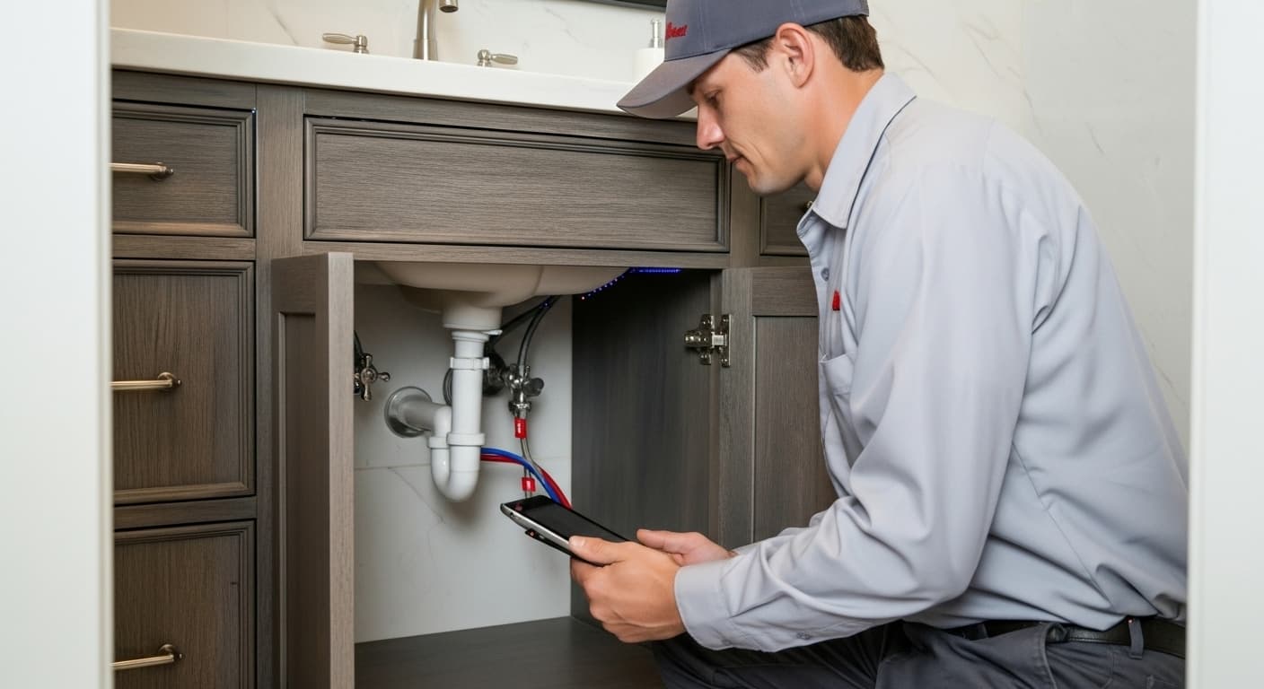 Technician carefully inspecting a residential water heater