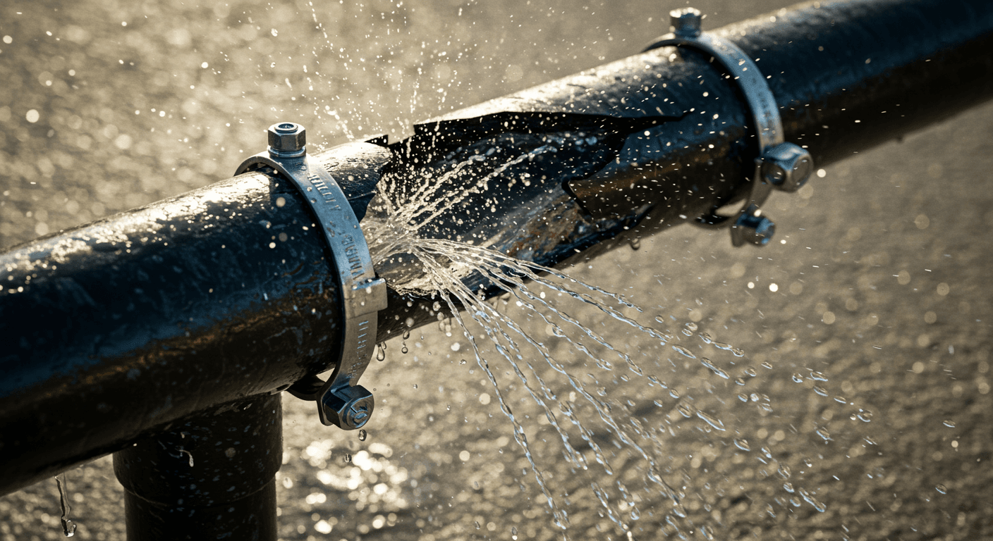Water spraying from a burst pipe in a residential wall