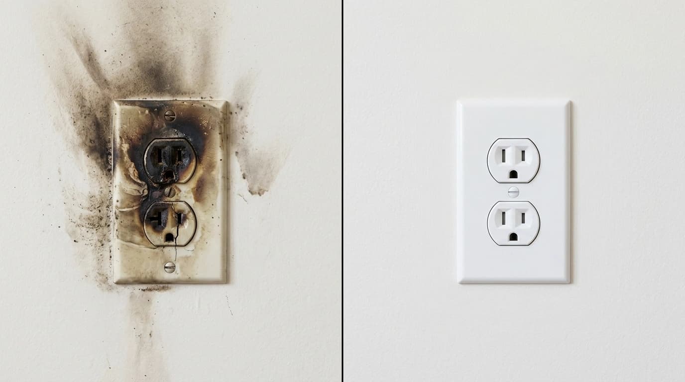 Before and after electrical repair showing scorched outlet replaced with new component by Gardner Electrical in the Inland Empire