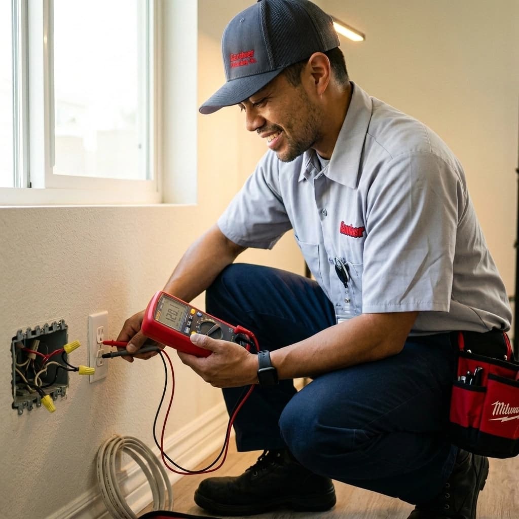 Gardner electrician diagnosing outlet wiring with a multimeter during an electrical repair in Murrieta