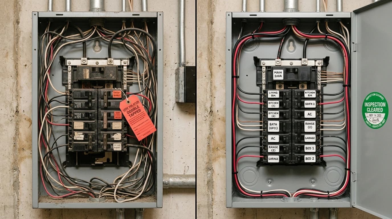 Before and after electrical safety inspection showing flagged panel issues cleared and labeled by Gardner Electrical in the Inland Empire