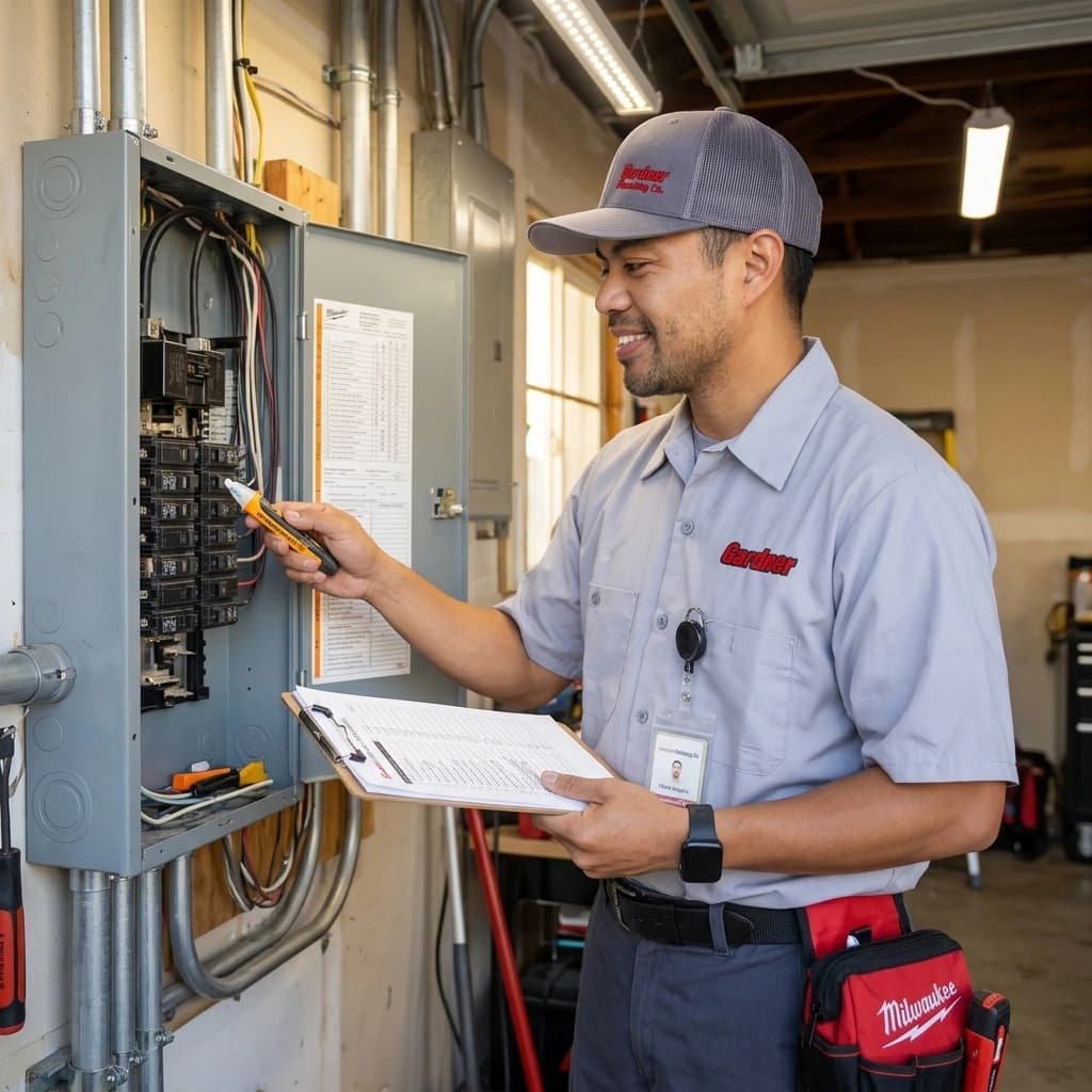 Gardner electrician conducting a safety inspection of a residential electrical panel in Murrieta