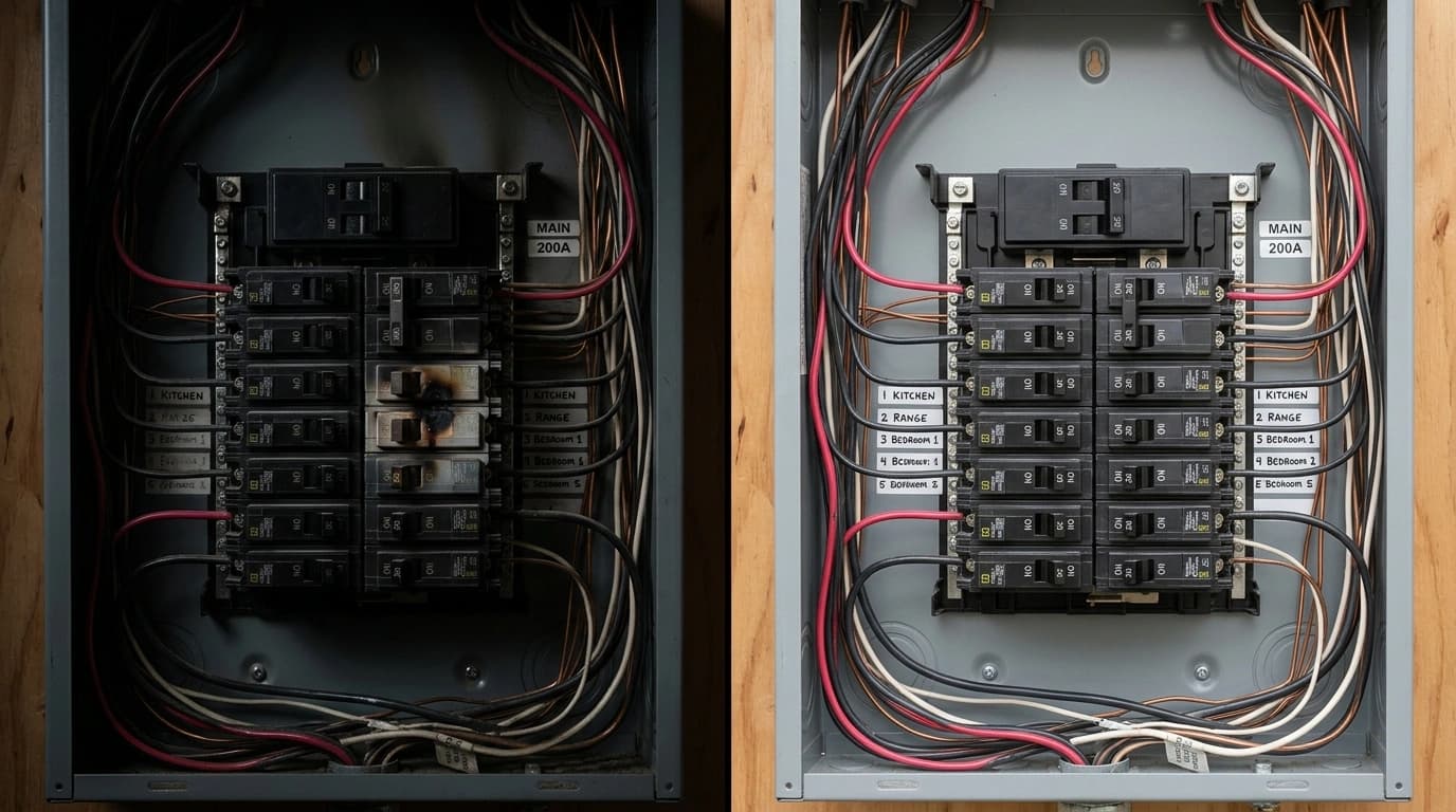 Before and after emergency electrical repair showing tripped and scorched breaker restored by Gardner Electrical in Murrieta