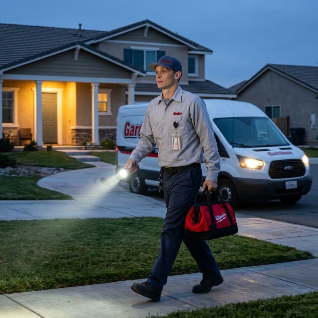 Gardner electrician arriving for 24/7 emergency electrical service at a Murrieta home at dusk