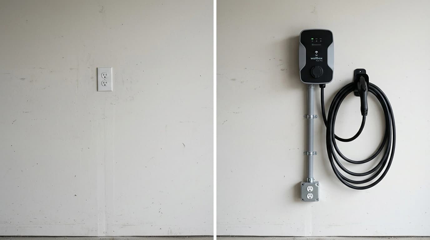 Before and after EV charger installation showing standard outlet upgraded to Level 2 charging station by Gardner Electrical in Murrieta