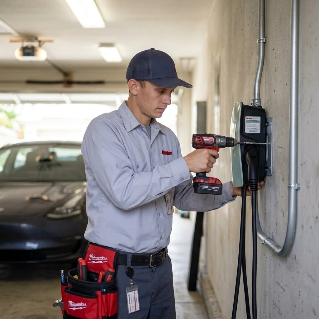 Gardner electrician installing a Level 2 EV charger in a Murrieta garage