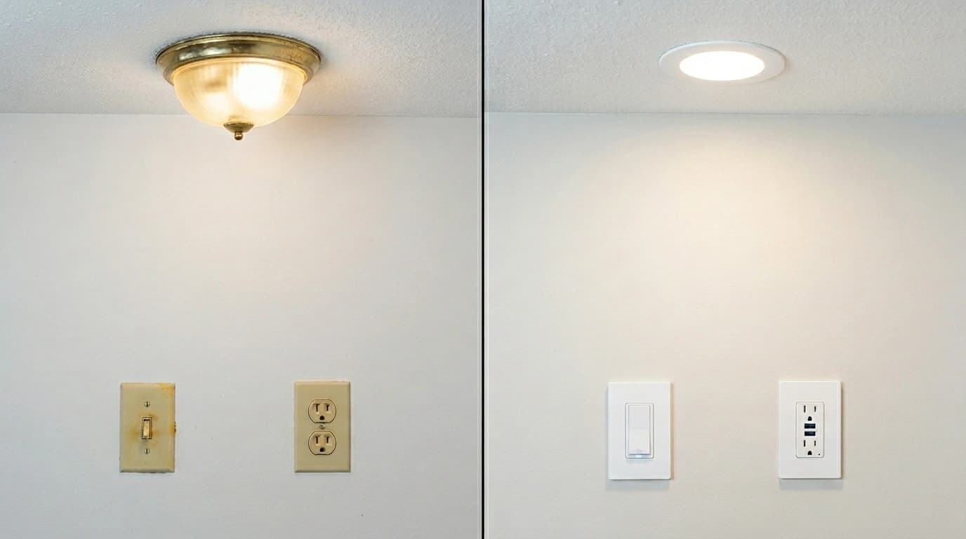 Before and after electrical fixtures upgrade showing dated 1990s lighting and outlets modernized by Gardner Electrical in the Inland Empire