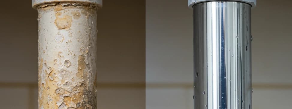 Comparison of a pipe with hard water scale buildup vs a clean pipe
