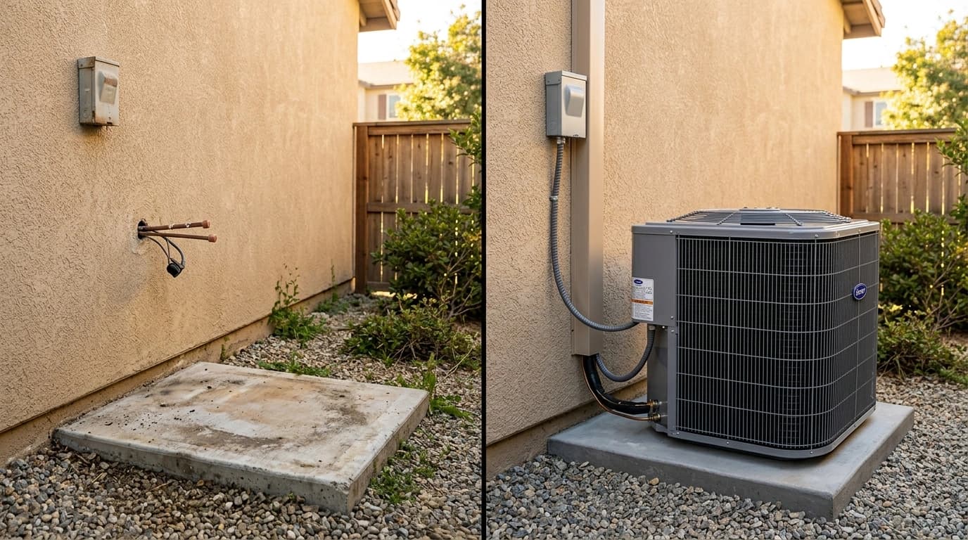 Before and after AC installation showing empty concrete pad replaced with new condenser unit by Gardner HVAC in the Inland Empire