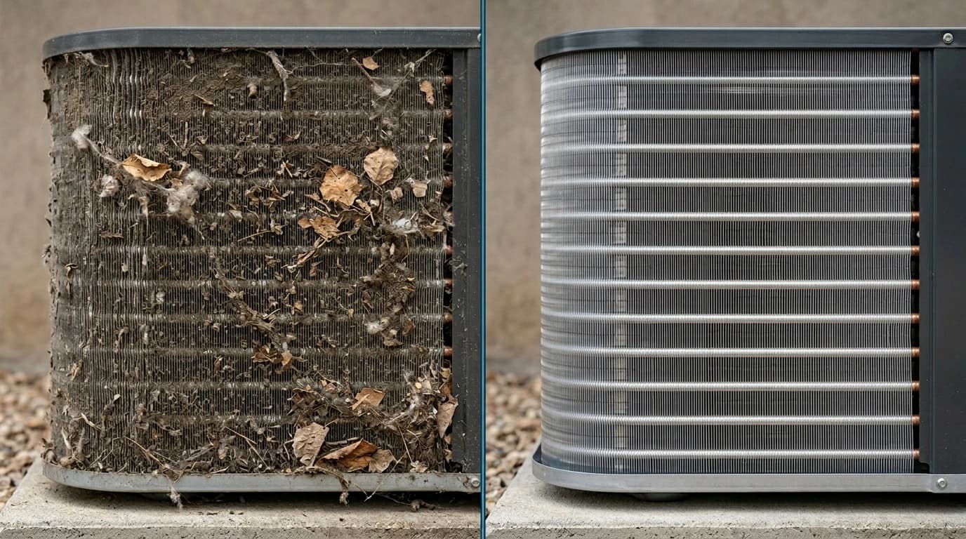 Before and after AC condenser coil cleaning showing debris buildup removed during Gardner HVAC maintenance service in the Inland Empire