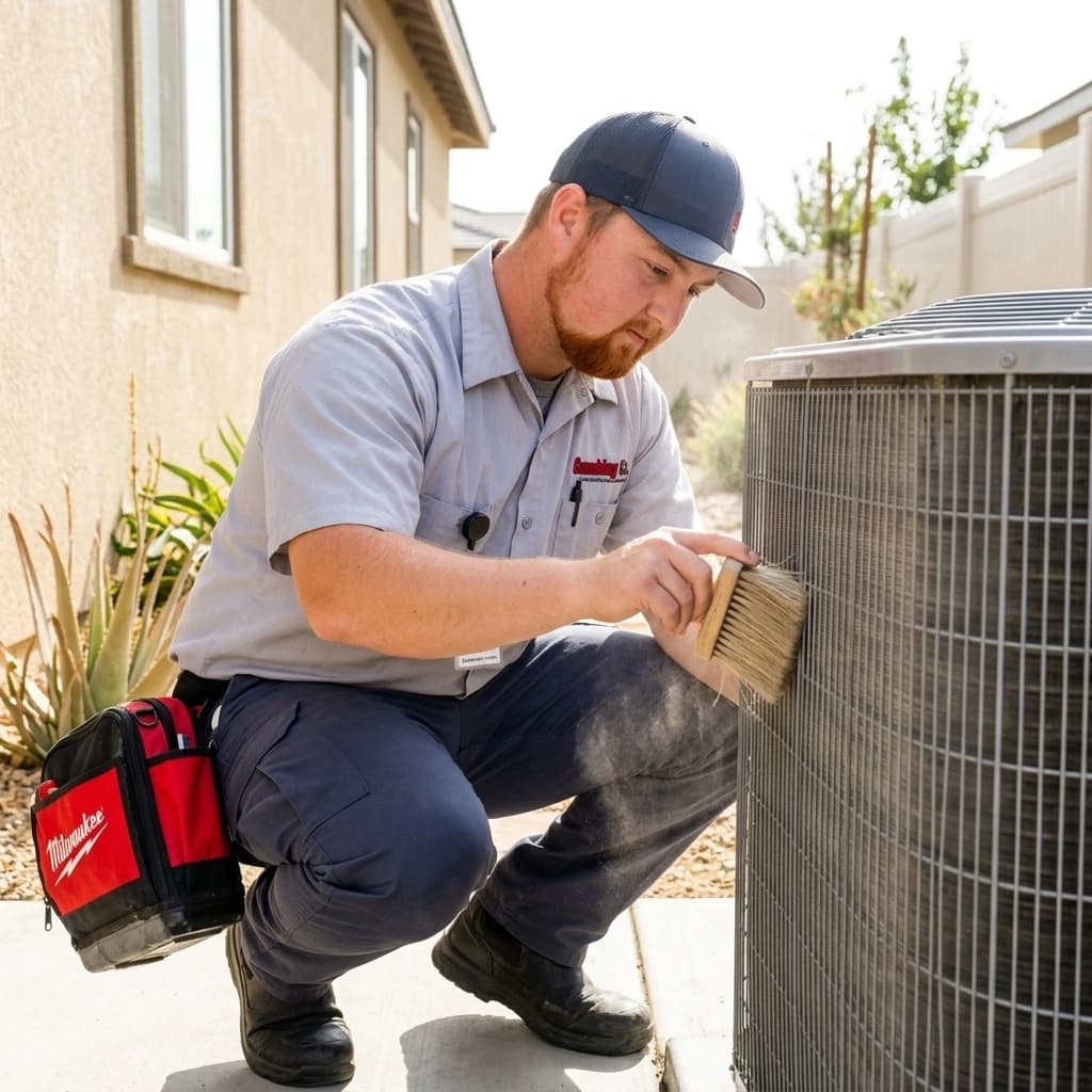 Gardner HVAC technician cleaning AC condenser coils during tune-up service in Murrieta Inland Empire