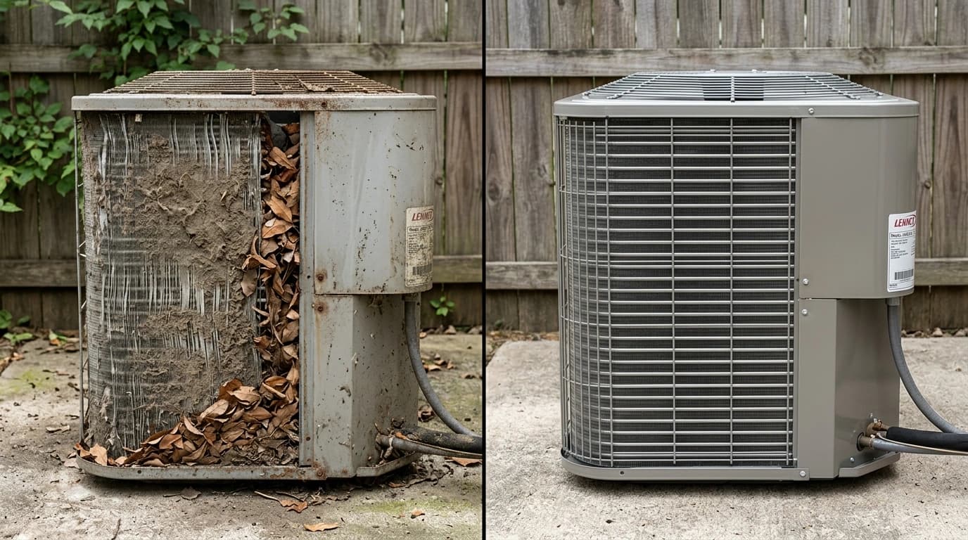 Before and after AC condenser coil cleaning showing dirt buildup removed by Gardner HVAC service