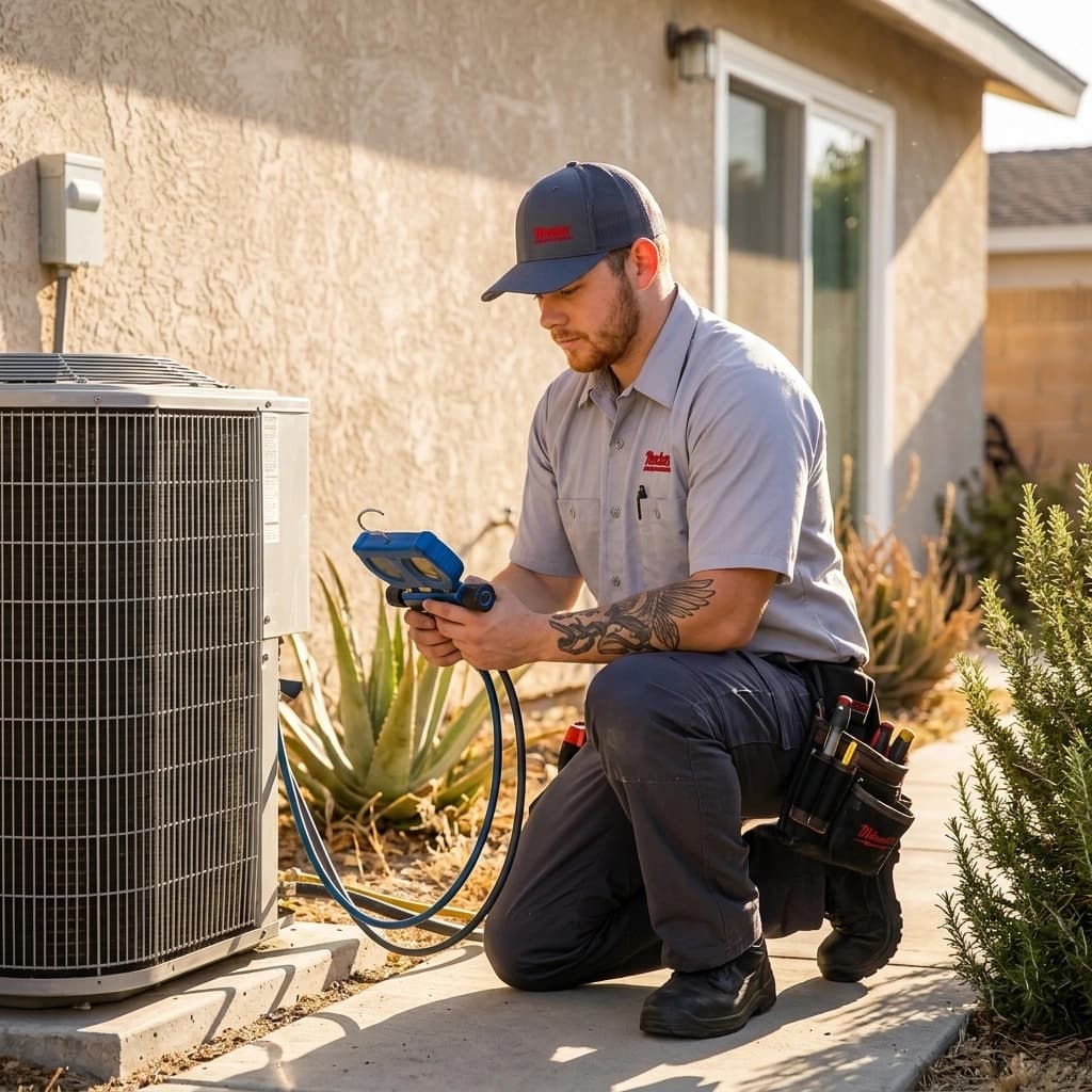 Gardner HVAC technician diagnosing AC condenser unit at a Murrieta home