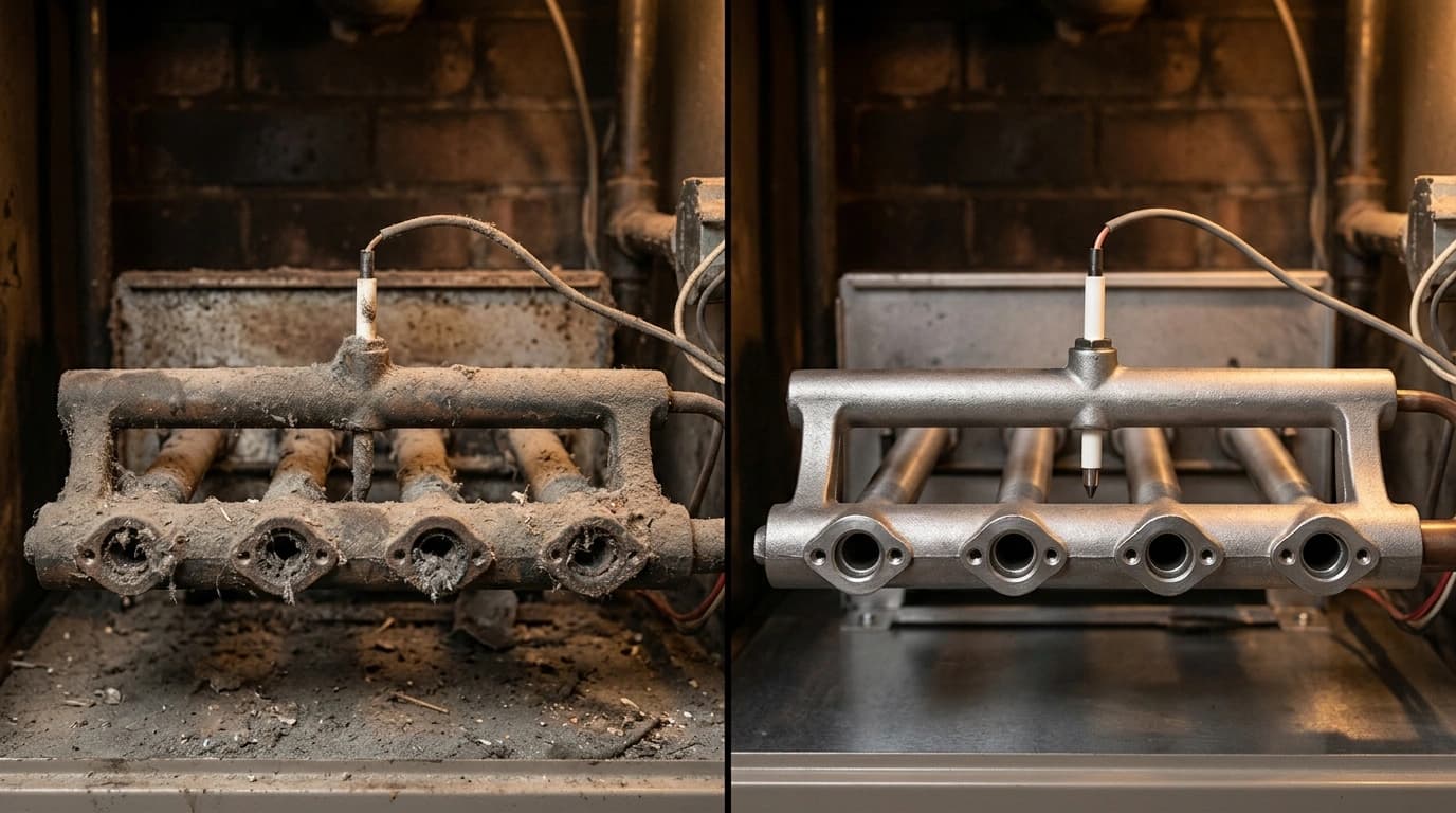 Before and after furnace maintenance showing dusty burner assembly cleaned during Gardner HVAC tune-up service in the Inland Empire
