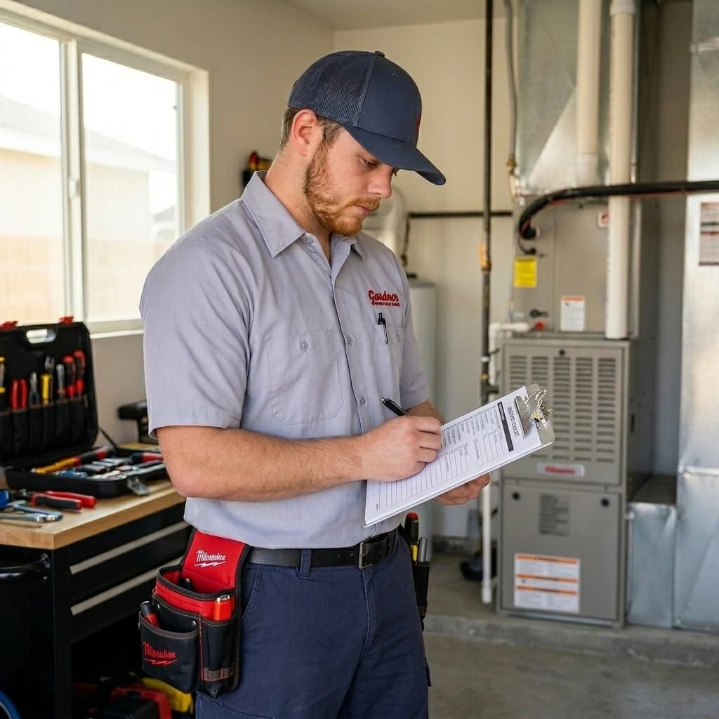 Gardner HVAC technician inspecting furnace burner assembly during annual maintenance service in Murrieta Inland Empire