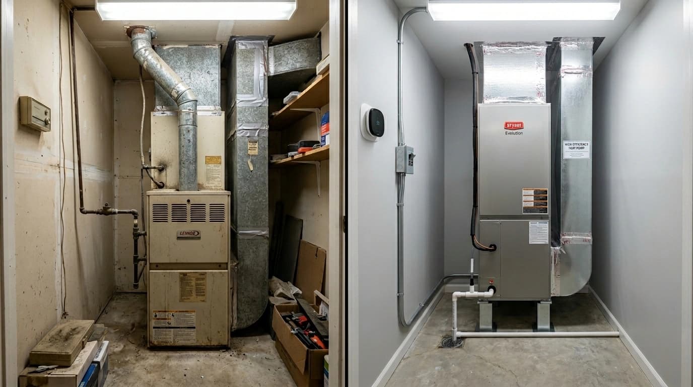 Before and after heat pump installation showing old gas furnace replaced with modern heat pump air handler by Gardner HVAC in the Inland Empire