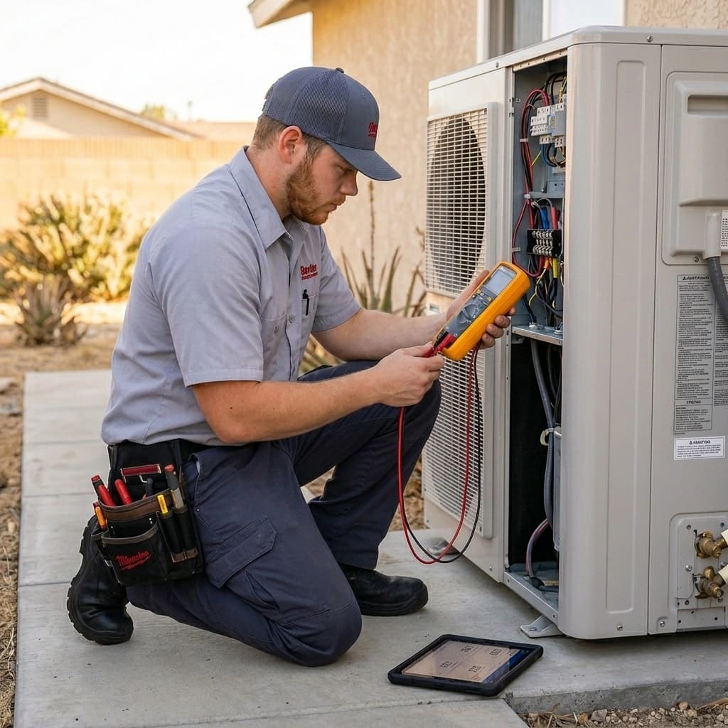 Gardner HVAC technician servicing an outdoor heat pump unit at a Murrieta Inland Empire residential home