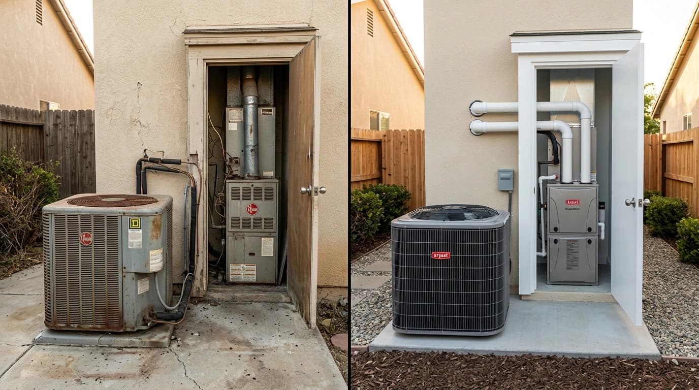 Before and after full HVAC system replacement showing aging mismatched AC and furnace replaced with modern matched system by Gardner HVAC in the Inland Empire