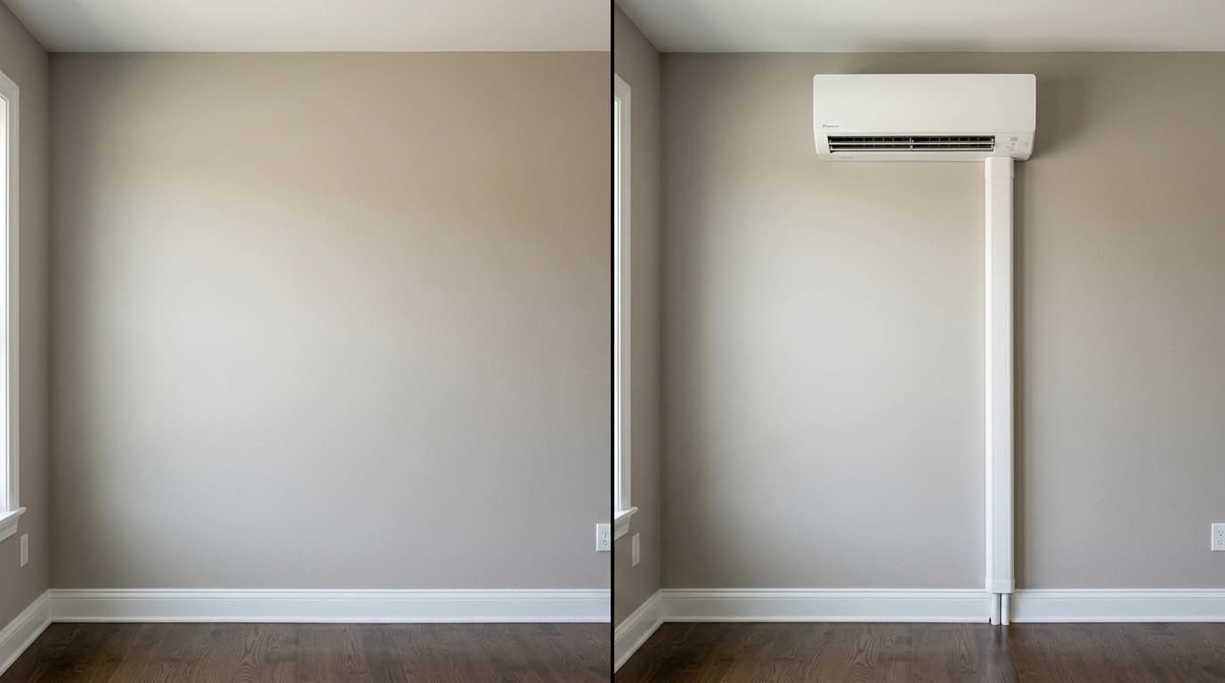 Before and after mini-split AC installation showing blank wall replaced with installed ductless air handler by Gardner HVAC in the Inland Empire