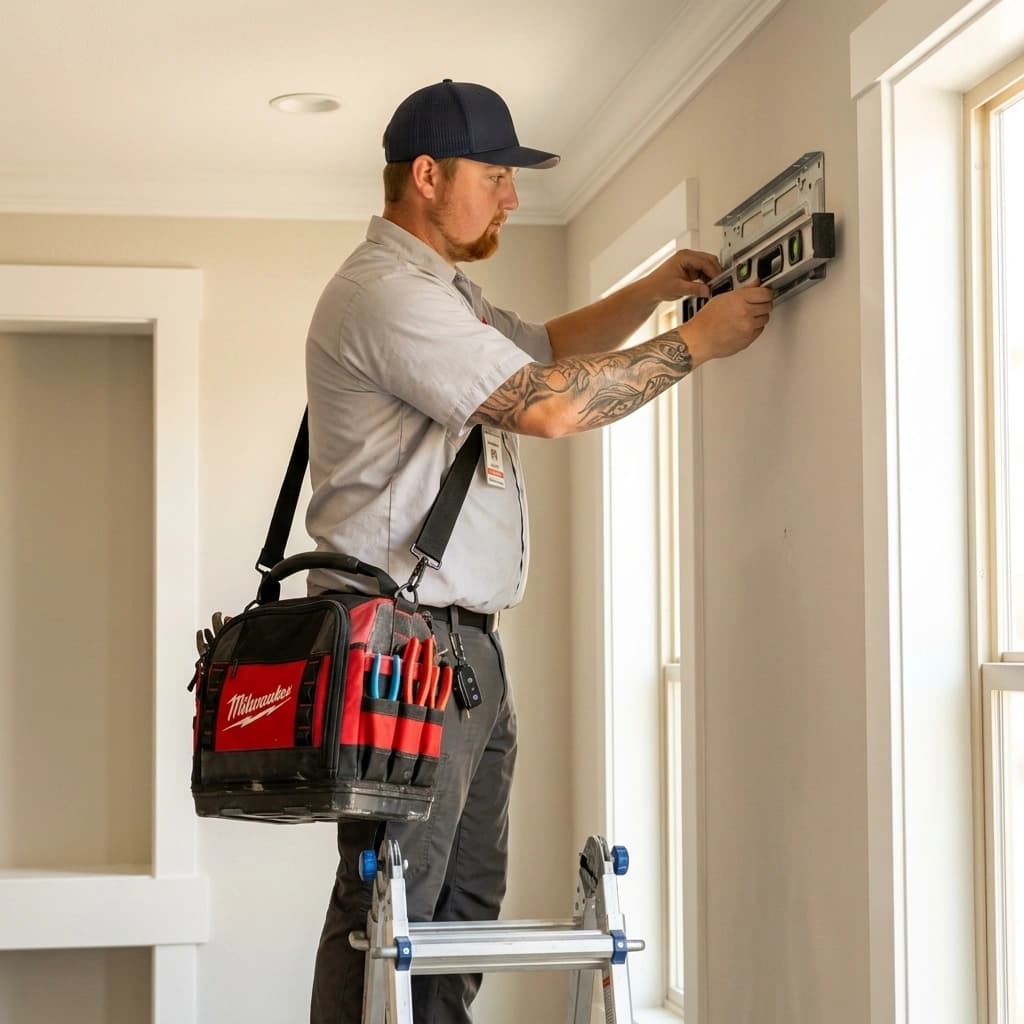 Gardner HVAC technician mounting a mini-split air handler on an interior wall in a Murrieta Inland Empire home