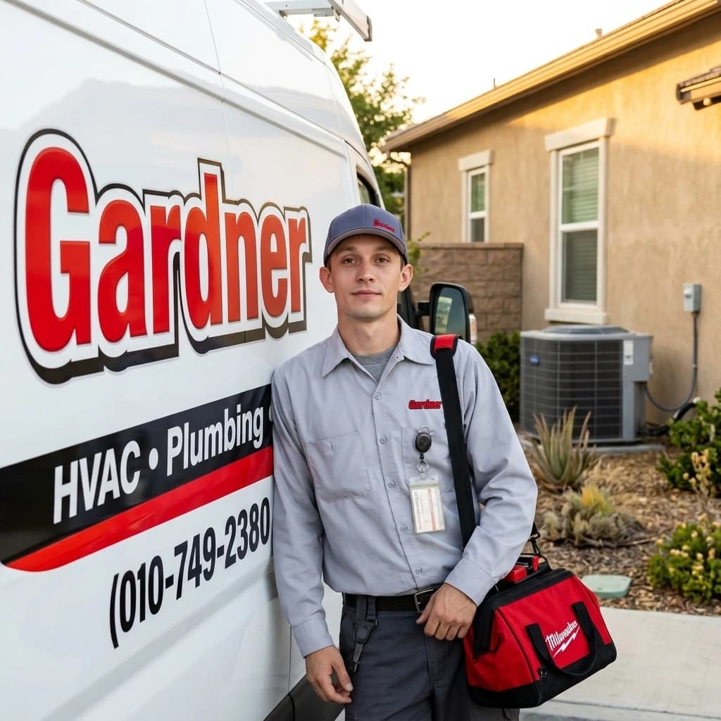 Gardner HVAC technician leaning on service van in an Inland Empire residential driveway representing full HVAC services