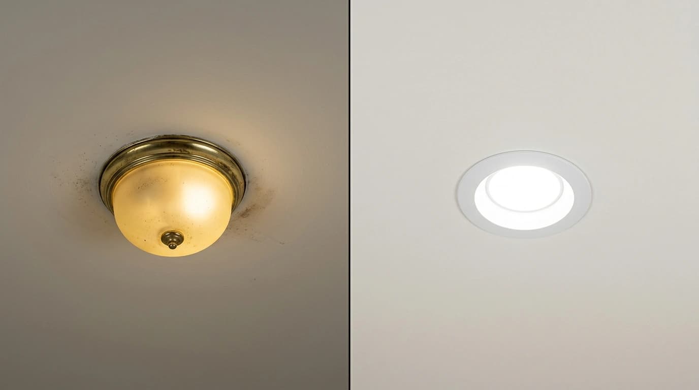 Before and after lighting upgrade showing dated incandescent fixture replaced with recessed LED by Gardner Electrical in Murrieta