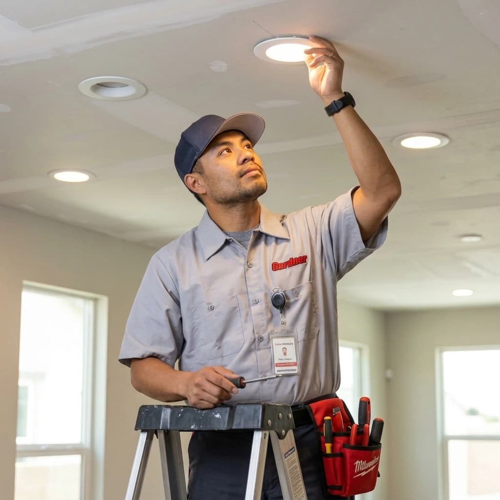 Gardner electrician installing recessed LED ceiling lights in a Murrieta home