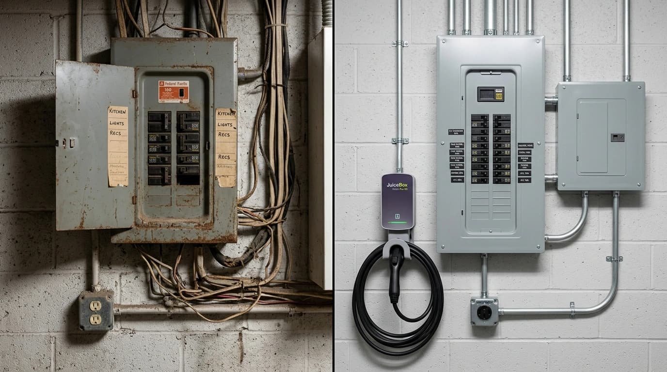 Before and after power systems upgrade showing aging electrical infrastructure modernized with 200-amp panel and EV charger by Gardner Electrical in Murrieta