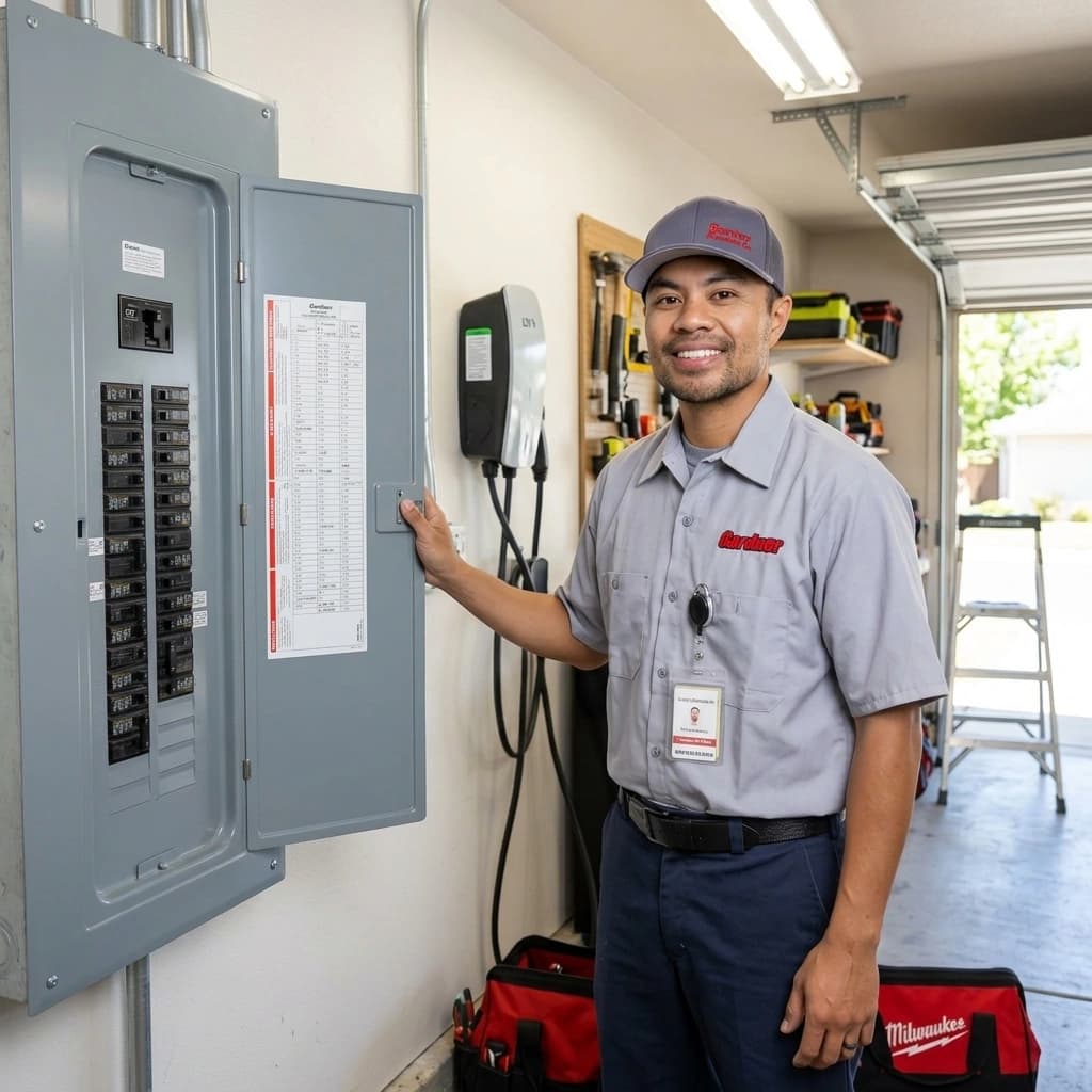 Gardner electrician standing beside a 200-amp panel in a Murrieta garage representing power systems and electrical upgrade services