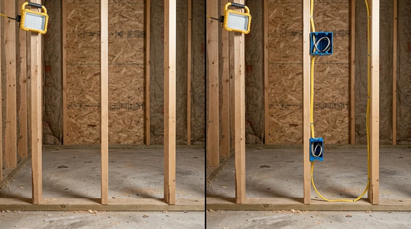 Before and after remodeling electrical showing empty stud bay roughed-in with outlets and wiring by Gardner Electrical in the Inland Empire