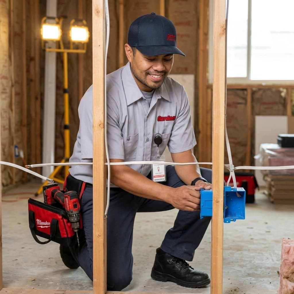 Gardner electrician installing electrical rough-in boxes during a home remodel in Murrieta