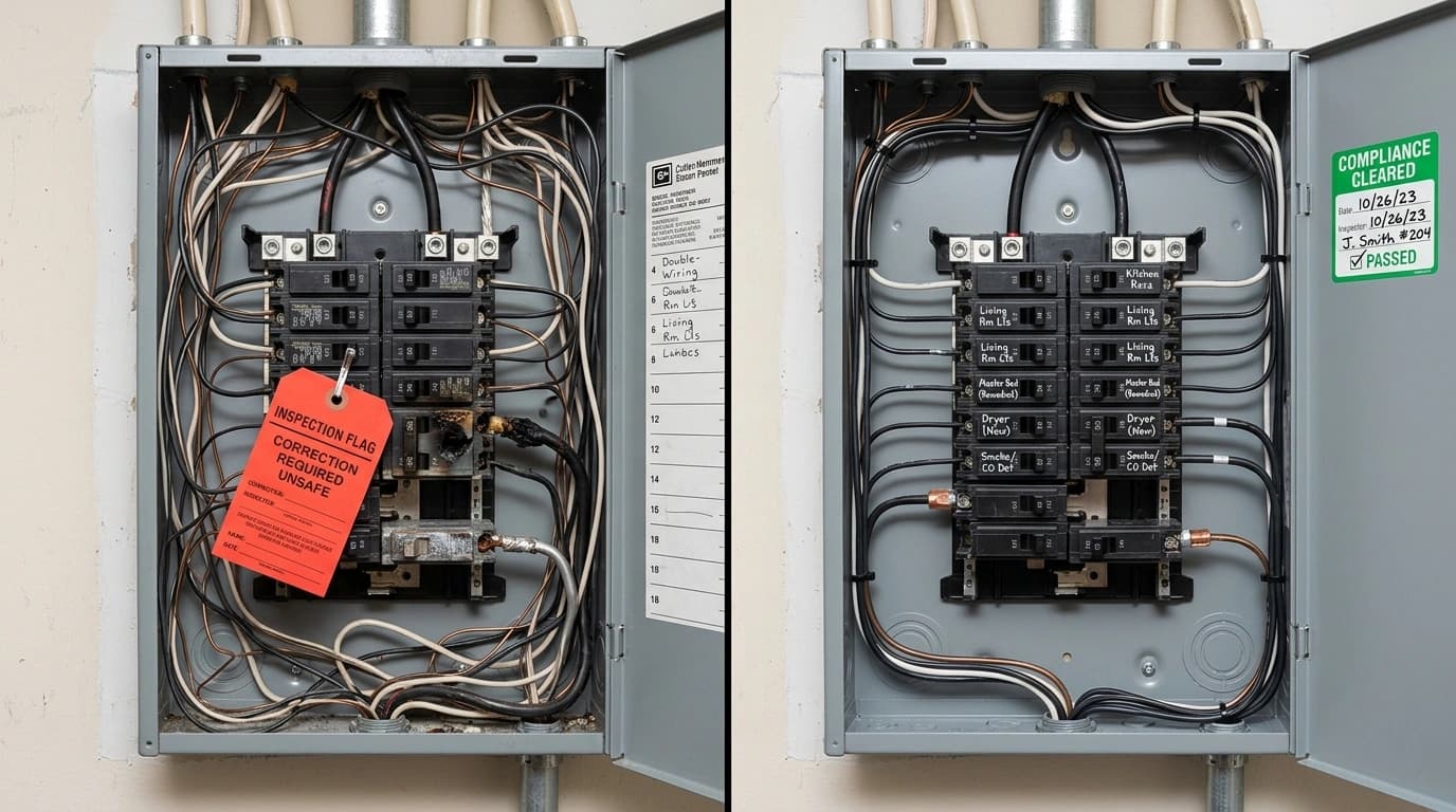 Before and after electrical safety repair showing multi-issue panel flagged and cleared to code-compliant status by Gardner Electrical in Murrieta