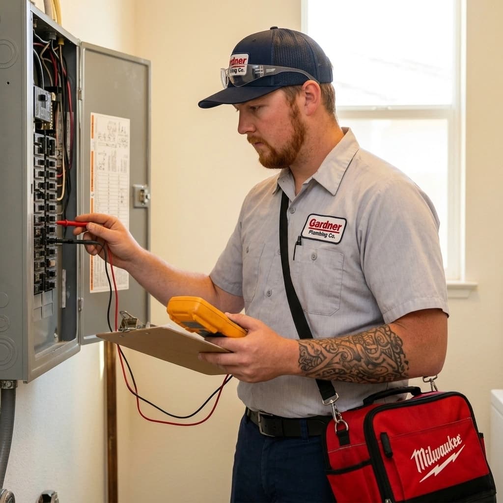 Gardner electrician conducting a systematic electrical safety check at a residential panel in the Inland Empire