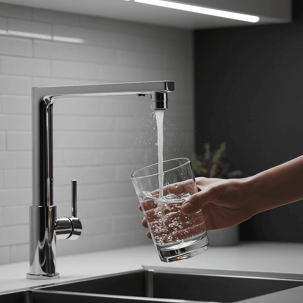 A glass of pure water being filled from a sleek reverse osmosis faucet