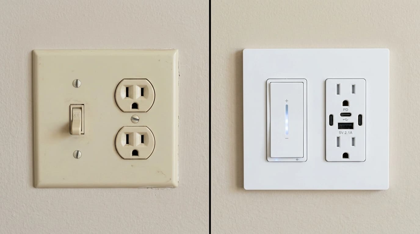 Before and after smart home electrical upgrade showing traditional toggle switch replaced with smart dimmer by Gardner Electrical in the Inland Empire